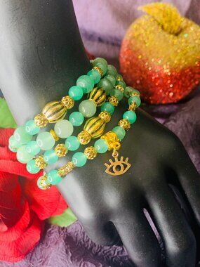 One-Of-A-Kind Evil Eye Charm, Green Aventurine, Fluorite & Pewter Bracelet Set